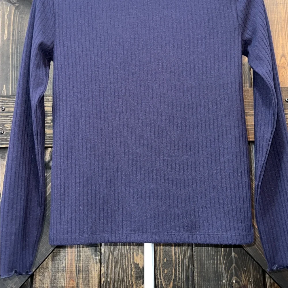 J. Crew Blue Ruffle Mock Neck Top S Ribbed Minimalist Preppy‎ Chic Capsule Basic